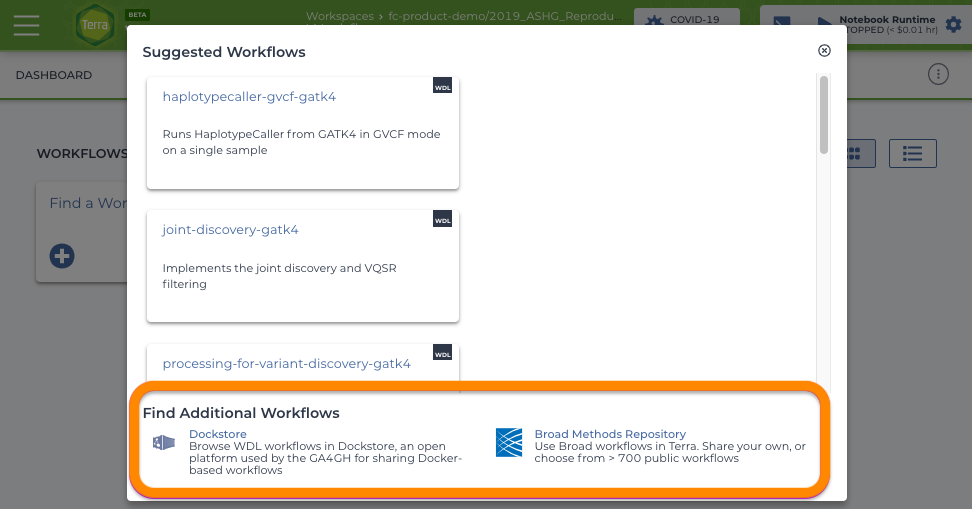 Screenshot showing links to Dockstore and the Broad Methods Repository, from which you can import pre-written workflows into your Terra workspace.