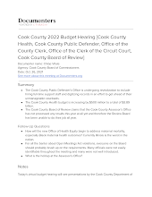 Cook County 2022 Budget Hearing [Cook County Health, Cook County Public Defender, Office of the County Clerk, Office of the Clerk of the Circuit Court, Cook County Board of Review]